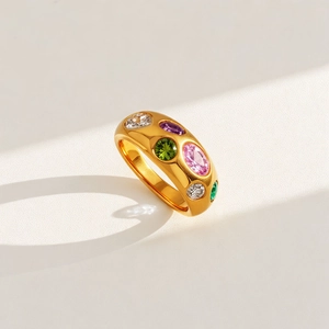 Chic 18k gold plated dome ring featuring colorful zircon stones in a wide band design