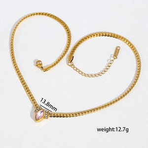 Gold stainless steel snake chain necklace with pink marquise zircon heart-shaped layout