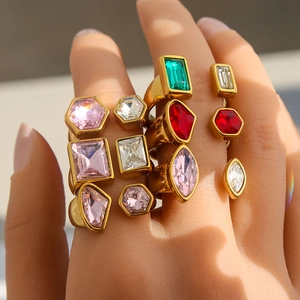 Fashion Stainless Steel Open Adjustable Ring Colorful Zirconia Geometric Moon Star Heart Shell Gemstone Rings For Women Jewelry