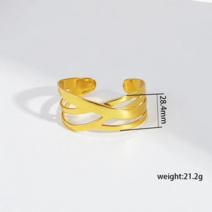 Detail showing 28.4mm wide gold textured flower layered open cuff bracelet for women