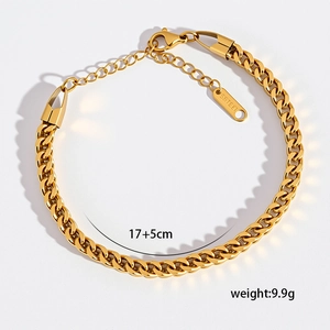 Golden 304 stainless steel geometric Cuban link bracelet with lobster clasp, 17+5cm