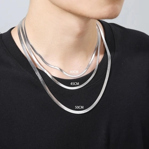 Silver stainless steel snake chain necklaces in 40cm, 45cm, and 50cm lengths.