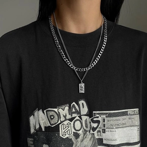 Double-layered silver Cuban chain necklace with a rectangular portrait pendant for men and women
