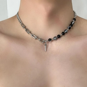 Hip-hop stainless steel necklace with star pendant and black marbled beads for men