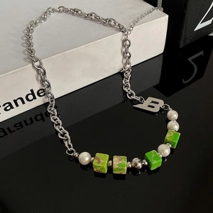 Silver chain necklace with letter B pendant, white pearls and green marble beads