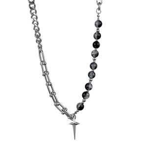 Hip hop star cross pendant necklace with titanium steel chain and cracked beads