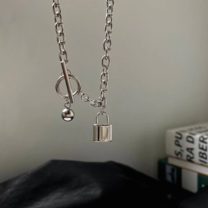 Titanium steel chunky chain necklace with T-bar clasp and mini padlock pendant for men