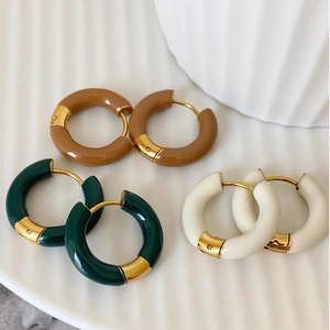 French Vintage Enamel Stainless Steel Hoop Earrings Colorful U-Shape Thick Gold Plated Huggie Earrings For Women Elegant Jewelry