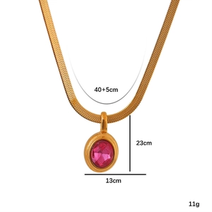Gold stainless steel snake chain necklace with oval pink zircon pendant and dimensions