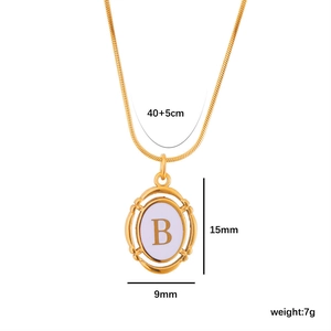 Detail view of 18k gold plated letter B oval pendant with necklace size specifications
