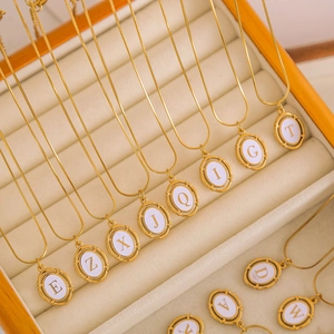 Close-up of gold-plated oval letter pendants with snakeskin chain in jewelry box