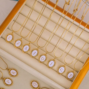 Gold plated titanium steel snake chain necklace with vintage oval initial letter pendants