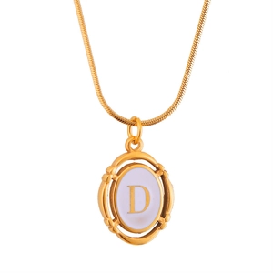 Gold plated stainless steel oval pendant necklace featuring letter D on white inlay