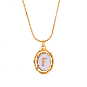 Gold plated titanium steel oval pendant necklace featuring capital letter F in purple