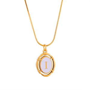 Gold titanium steel necklace with lavender oval pendant featuring golden letter I