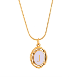 Gold plated oval alphabet necklace with letter J on lavender base and snake chain
