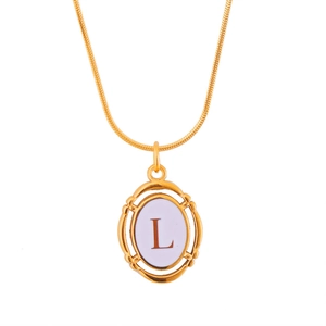 Gold plated snake chain necklace with an oval pendant featuring the letter L in red