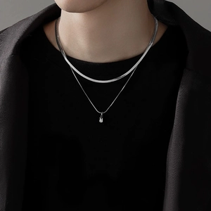 Minimalist silver double-layer drop pendant necklace set in stainless steel for men