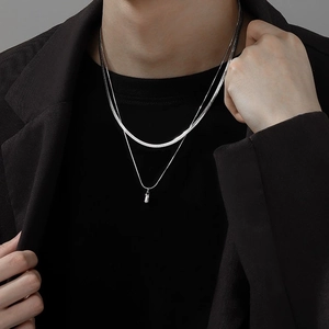 Minimalist Stainless Steel Double Layer Waterdrop Pendant Necklace For Men Women Unisex Snake Chain Layered Jewelry Polished Silver Color Gift