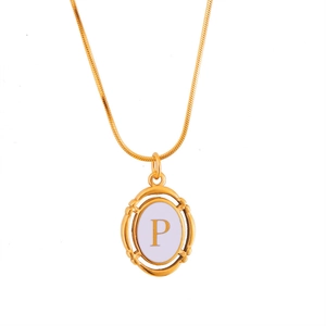 Gold-plated titanium steel necklace featuring an oval letter P pendant on white background