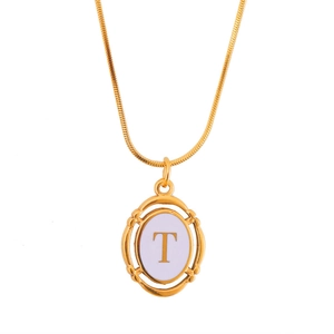 Gold-plated stainless steel snake chain necklace with an oval letter T pendant