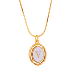 Gold titanium oval pendant necklace featuring a white shell inlay and letter V
