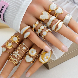15pcs bohemian gold ring set with white enamel sun heart and moon star designs