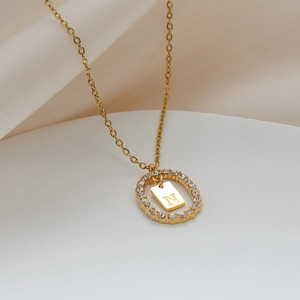 Collana in acciaio inossidabile placcato oro con lettera N e ciondolo di zirconi