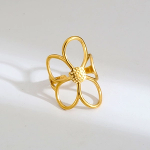 Adjustable two-tone stainless steel open ring featuring a hollow floral design
