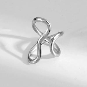 Polished silver stainless steel open ring with minimalist fluid geometric lines