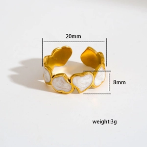 18K gold plated geometric oval titanium steel ring with white enamel heart patterns