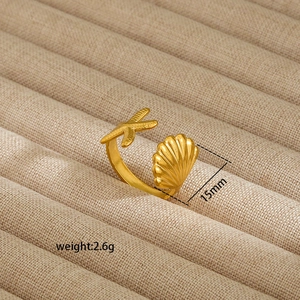 Detail showing 15mm scallop shell and starfish on a gold open stainless steel ring