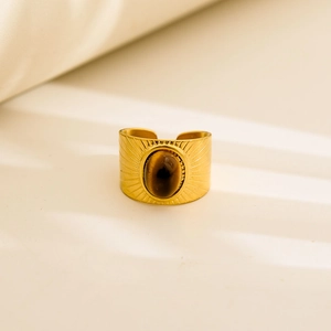 Detailed sunburst engraving on gold stainless steel ring with tiger eye stone