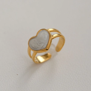 Bague ajustable en acier inoxydable doré avec cœur en marbre blanc sur double anneau