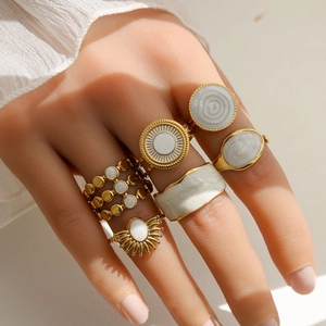 6pcs bohemian gold stackable ring set with white enamel and marble details