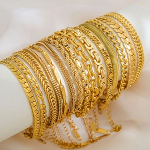 Surtido de pulseras de cadena de acero inoxidable bañadas en oro de 18k, estilos cubanos