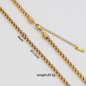 Detail of 4mm gold-plated stainless steel box chain with lobster clasp and sizing specs