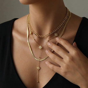 Gold Plated 304 Stainless Steel Necklace Set For Women Star Pendant Curb Box Herringbone Chain Multilayer Jewelry