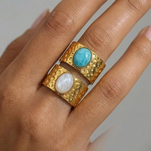 Gold-plated stainless steel hammered rings with turquoise and opal stones for women