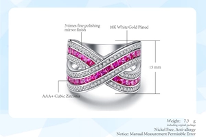 Macro detail of 18K white gold plated ring with pink square stones and 15mm height
