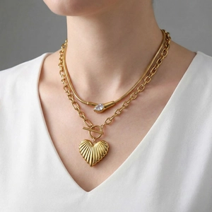 Layered gold heart pendant necklace with teardrop zircon and OT clasp for women