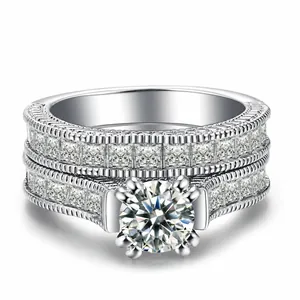 Luxury Copper White Gold Plated Zirconia Wedding Ring Set Women Round Main Stone Bridal Engagement Ring Fashion Jewelry