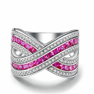 Fashion Women Criss Cross X Ring 18K White Gold Plated Copper Magenta Zirconia Inlaid Wide Band Prom Wedding Statement Ring