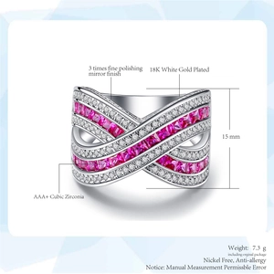 Classic X-shaped ring with 18K white gold plating and pink trapezoid cubic zirconia