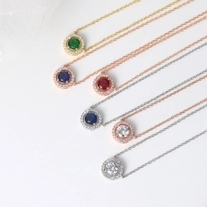 Classic round halo zirconia pendant necklaces in gold and silver plating for women