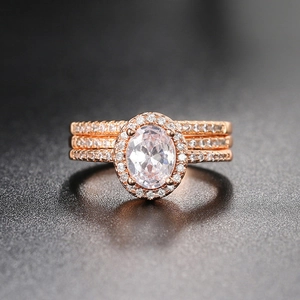 Western Classic Oval Zirconia Ring Set For Women Copper Rose Gold Silver Plated Stackable Engagement Wedding Band Elegant Halo Luxury Finger Ring