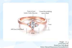 Detail of 18K rose gold ring with marquise cubic zirconia showing dimensions and weight