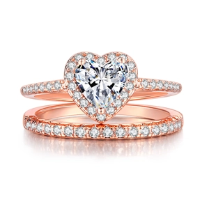 Luxury Heart Shaped Cubic Zirconia Ring Set For Women Rose Gold Silver Plated Copper Heart Ring And Pave Band Jewelry
