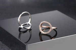 Detailed macro view of S925 engraved silver and rose gold hollow circular rings