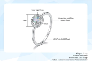 Detailed specs of 4mm opal ring with 18K white gold plating and anti-allergic finish